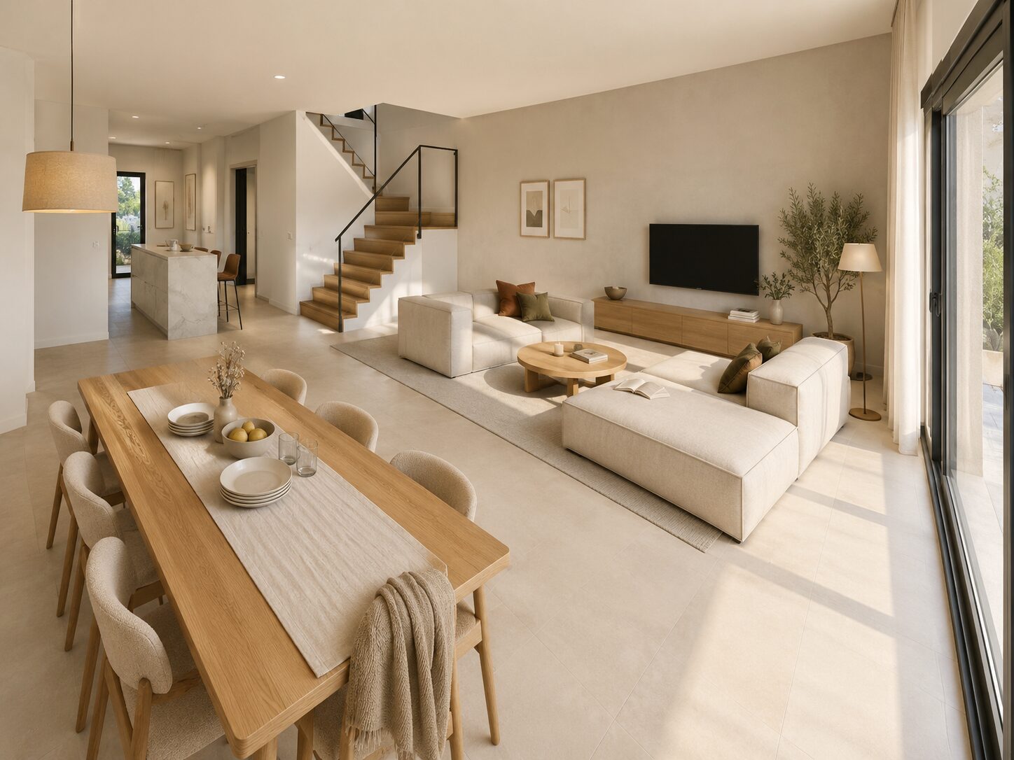 Salón comedor con escalera y salida al jardín