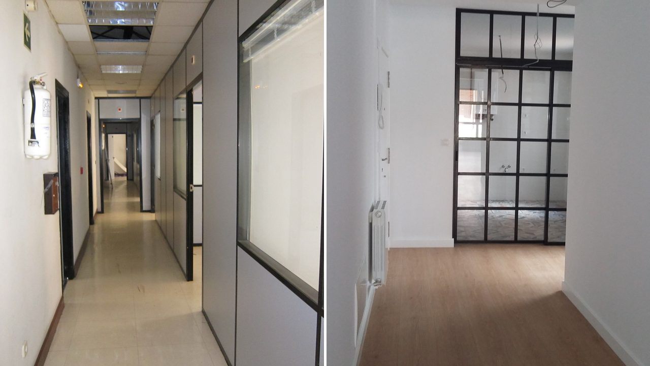 Antes y después de la transformación en Alameda Urquijo (oficinas), Bilbao
